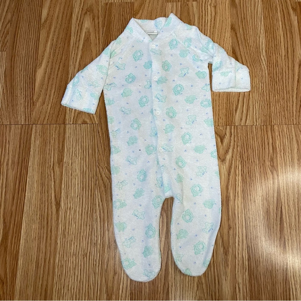 VTG CURITY GREEN WHITE LION GIRAFFE ZOO GRAPHIC PAJAMAS SIZE 3 MONTHS